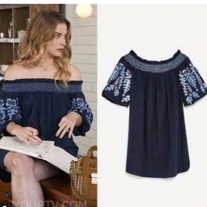 REBELLION Tunic Mini Dress Convertible Poof Sleeve Cotton Embroidered Navy Small